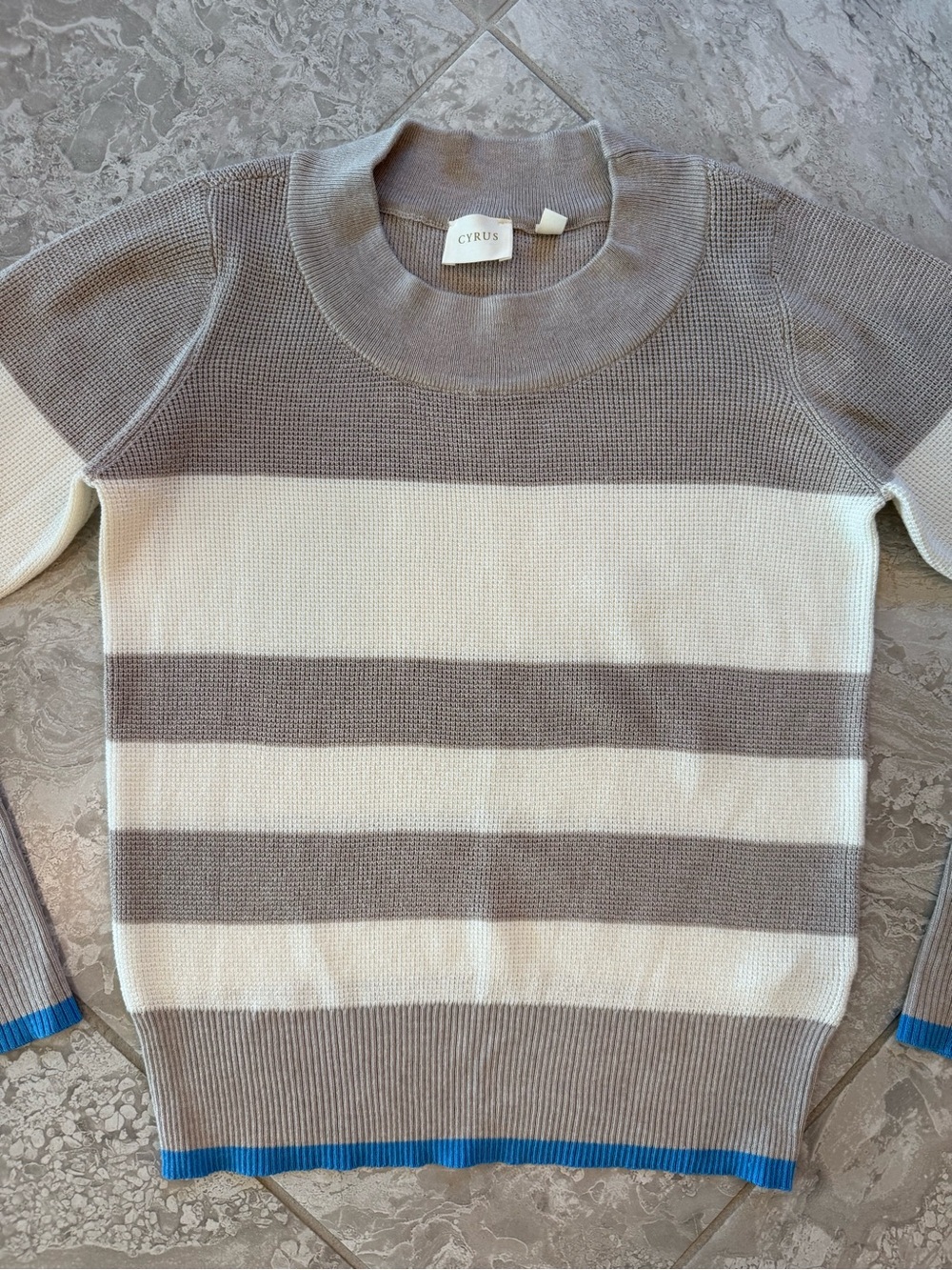 Cyrus Neutral Striped Crewneck Sweater in Taupe, Cream and Blue Trim, Size XS